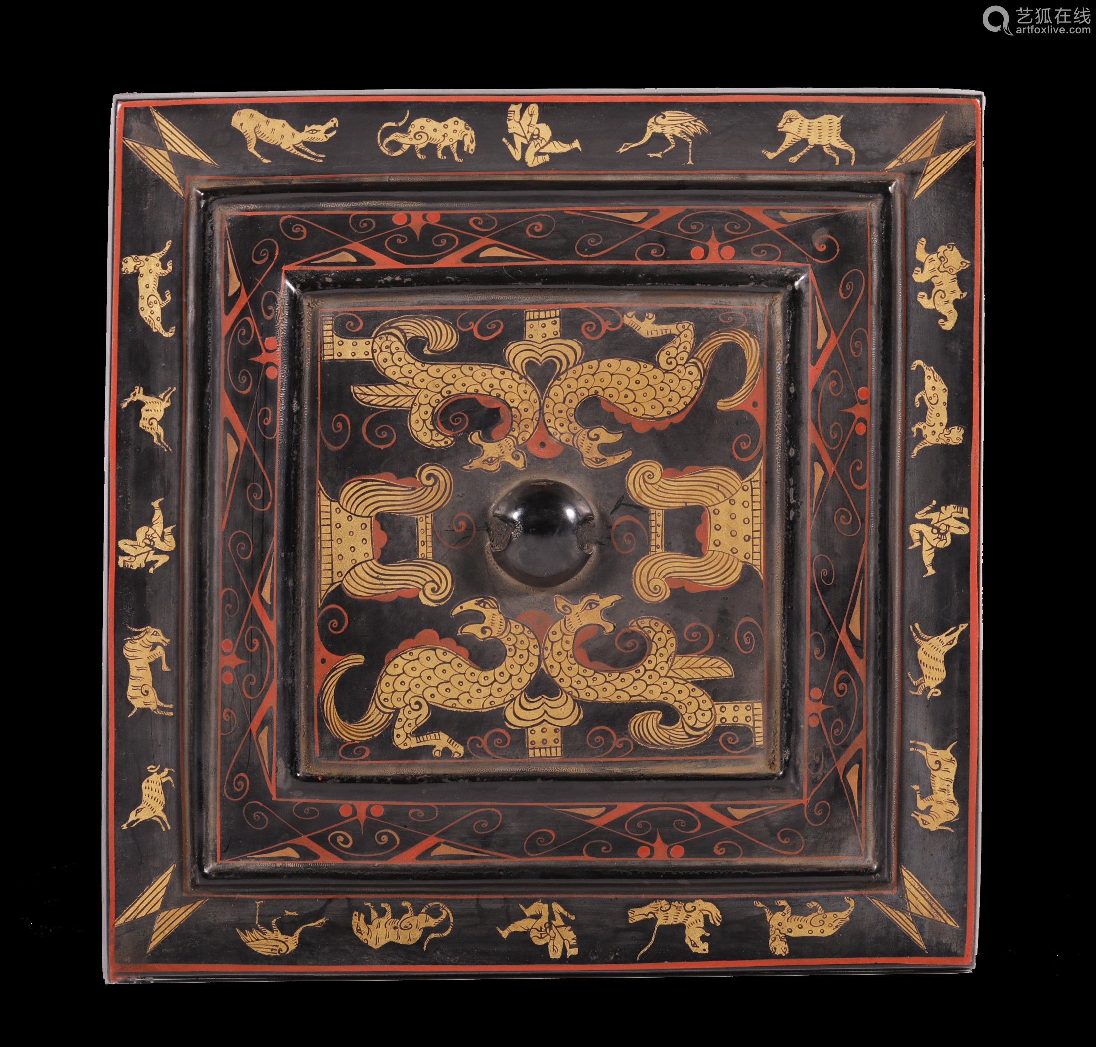 汉代 彩绘双龙双凤纹漆镜-【成交 价格 图片】